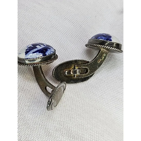 Vintage 835 Silver & Ceramic [Windmill/Countryside] Cufflinks (Tarnished) - Picture 5 of 7